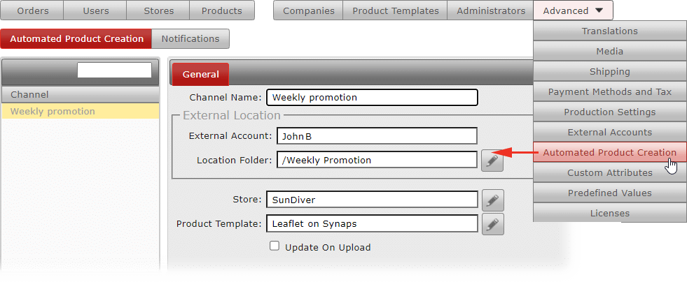 Automatic Product Creation settings